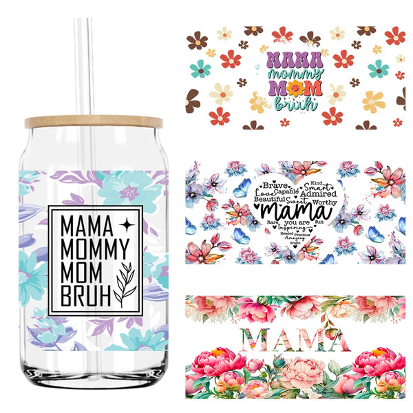 Mama Floral Flower Mother's Day UV DTF Sticker For 16OZ Libbey Glass Cup Can Wrap Transfer Sticker Custom Labels DIY Logo