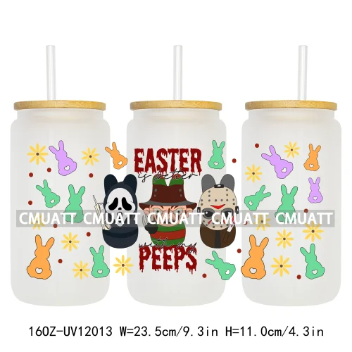 Cartoon Easter Vibes Animal Eggs Bunny Hunting Horror Killer 16OZ UV DTF Cup Wrap Sticker Label DIY Logo For Libbey Glass Can