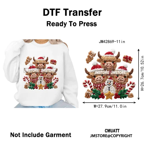 Faux Latch Hook Yarn Crochet Christmas Highland Cow Santa Iron on DTF Washable Transfer Stickers Ready to Press for Garment Bags