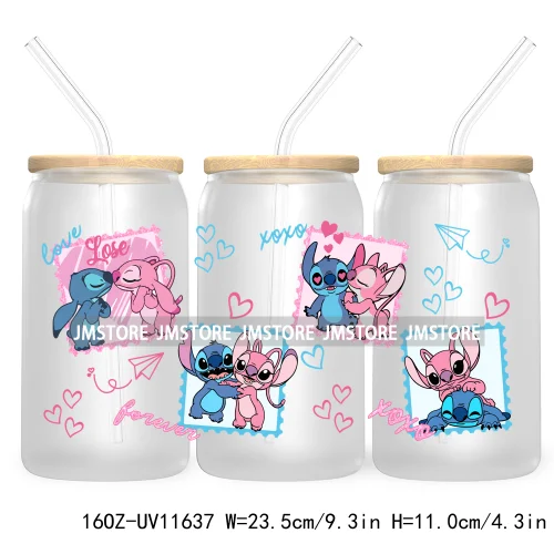 Cute Cartoon Couple XOXO Valentine's Day UV DTF Cup Wrap Transfer Stickers For 16OZ Libbey Glass Can Cupid Vibes Love Hearts