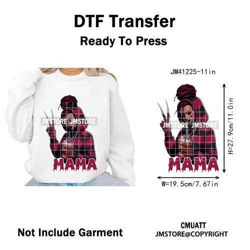 Black Girls Coffee Drinking Halloween Scary Movie Killer Mama Iron on Washable DTF Transfers Stickers Ready to Press for Clothes