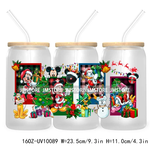 Mouse Christmas Cartoon Friends 16OZ UV DTF Cup Wrap Transfer Stickers Princess Custom Labels Waterproof For Libbey Glass Can