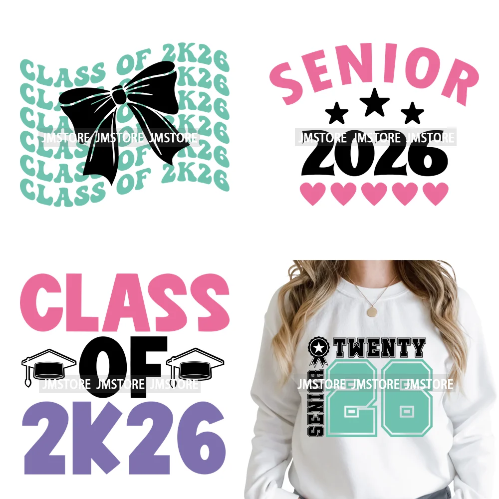 College Mega Senior 2K26 Coquette Class of 2026 Iron on Washable DTF Heat Transfers Stickers Ready to Press for Textiles Bags