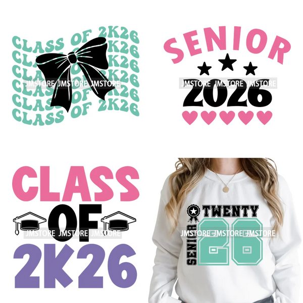College Mega Senior 2K26 Coquette Class of 2026 Iron on Washable DTF Heat Transfers Stickers Ready to Press for Textiles Bags