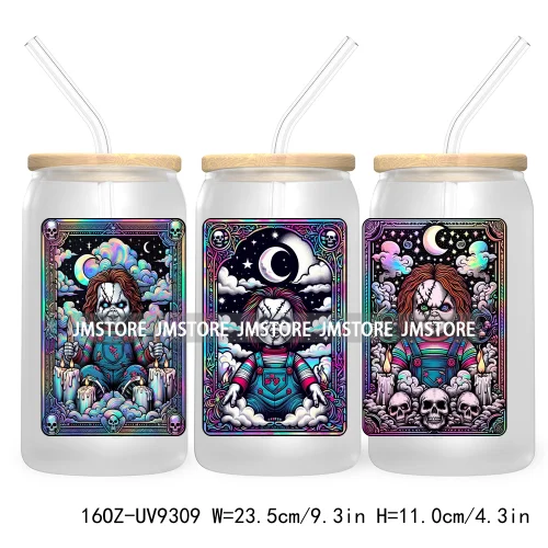 Horror Characters Tarot Card Halloween 16OZ UV Cup Wrap DTF Transfer Stickers For Libbey Glass Can Cup Tumbler Waterproof Labels