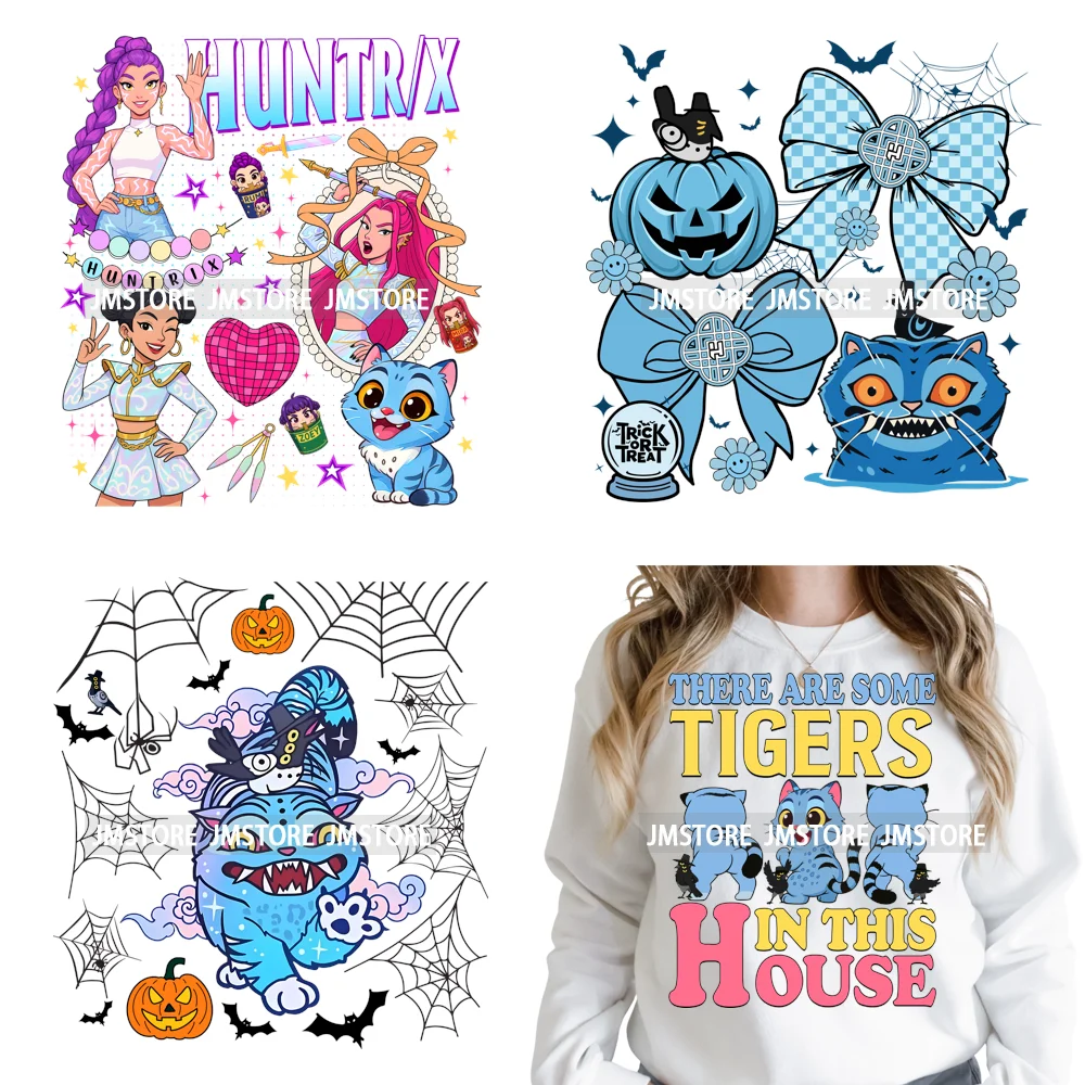 Cute Blue Tiger Idol Group Characters Kpop Halloween Pumpkin Iron on DTF Washable Transfers Stickers Ready to Press for Textile