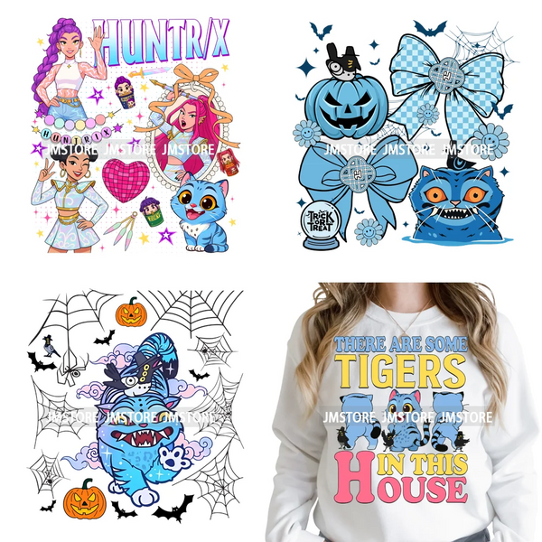 Cute Blue Tiger Idol Group Characters Kpop Halloween Pumpkin Iron on DTF Washable Transfers Stickers Ready to Press for Textile