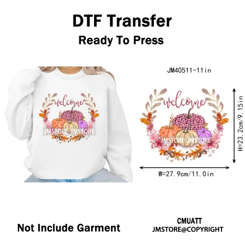 Pink Happy Fall Season Harvest Blessings Pumpkin Autumn Vibes Iron on DTF Washable Transfers Stickers Ready to Press for Hoodies