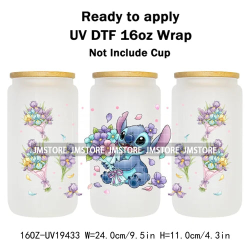 Cartoon Holding Bouquet Flowers UV DTF Cup Wrap Ready To Apply Transfer Stickers Durable 16OZ Tumbler Wraps For Libbey Glass Can