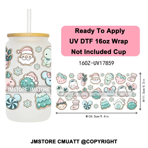 Christmas Cartoon Princess Merry Greenmas 16OZ UV DTF Cup Wraps Ready To Apply Waterproof Transfer Stickers For Libbey Glass Can