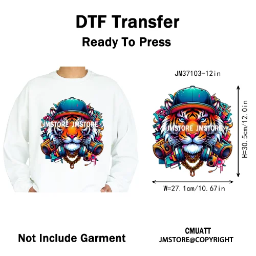 12in Cartoon Graffiti Streetwear Tiger Bunny Animal King Hip Hop Poster Iron on DTF Transfer Stickers Ready to Press for Hoodies