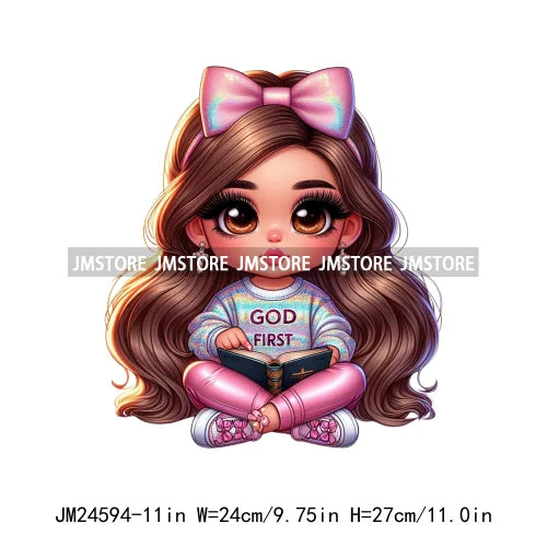 God First Chibi Cute Brown Hair Latina Dolls Baby Girls Coquette Bow Iron On DTF Transfer Stickers Ready To Press For Hoodies