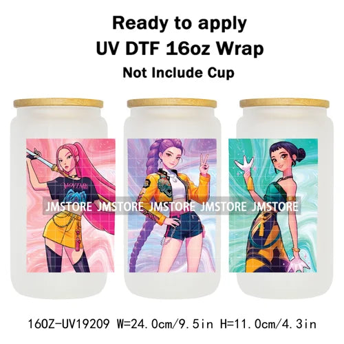 Demon Hunters Inspired Kpop Girls Bands UV DTF Transfer Sticker Durable Cup Tumbler Wrap For 16OZ Libbey Glass Wraps Bottle Mug