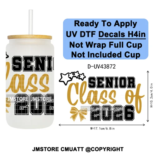 College Grad Class Of 2026 UV DTF Cup Decals Ready To Apply Transfer Stickers Durable Custom Labels For Libbey Glass Can Mugs