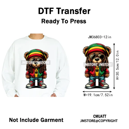 12in Cartoon Gangster Hip Hop Streetwear Teddy Bear Lover Designs Iron on DTF Heat Transfers Stickers Ready to Press for Hoodies