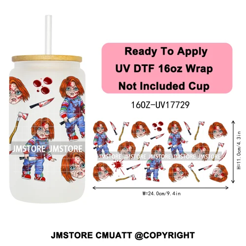 Horro Killer Witch Halloween UV DTF Cup Wrap Ready To Apply Transfer Stickers Waterproof 16OZ Tumbler Wraps For Libbey Glass Can