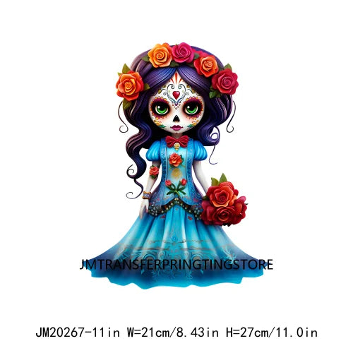 Cute Doll La Catrina Day Of The Dead Sugar Skull Mexican Halloween Iron On DTF Transfer Stickers Ready To Press For Hoodies Bags