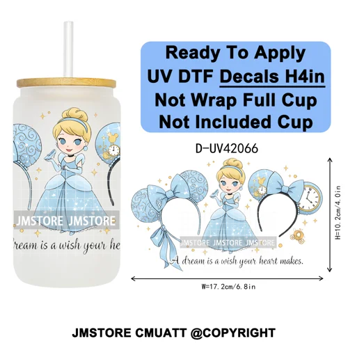 Cartoon Mouse Head Princess Family Vacation UV DTF Decals Ready To Apply Waterproof Transfer Stickers For 16OZ Libbey Glass Can