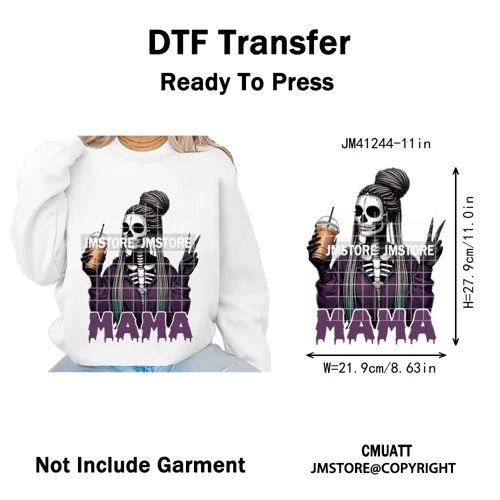 Coffee Lover Afro Mama Spooky Halloween Killer Cartoon Women Iron on Washable DTF Transfers Stickers Ready to Press for Hoodies