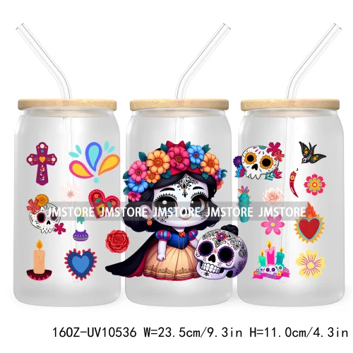 Dia De Los Muertos Mexican UV DTF Sticker For 16OZ Libbey Glass Cup Can Wrap Transfer Stickers Hispanic Halloween Sugar Skulls