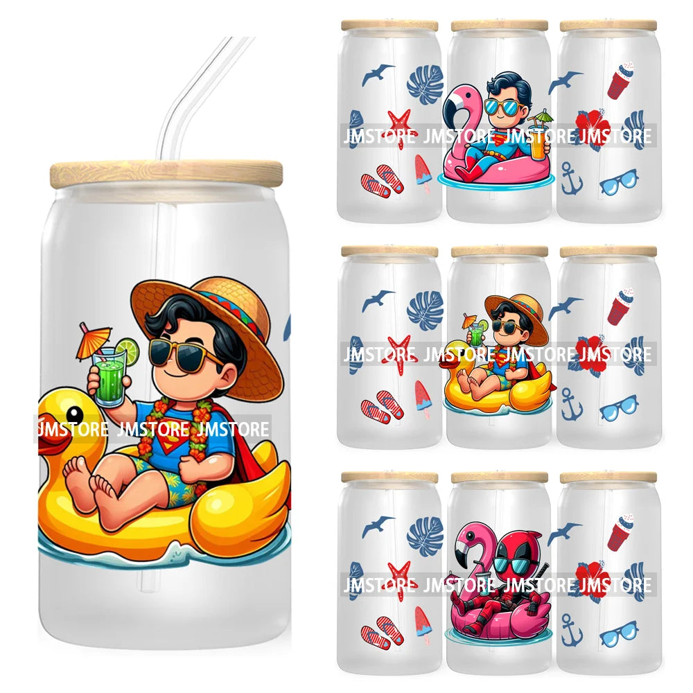 Hero Cartoon Summer Vacation 16OZ UV DTF Cup Wrap Transfers Stickers Custom Labels Durable Waterproof Logo For Libbey Glass Can