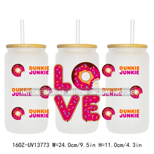 Dunkie Junkie Coffee Donuts UV DTF Wraps Transfer Sticker Selfadhesive Waterproof High Quality For 16OZ Libbey Glass Can Tumbler