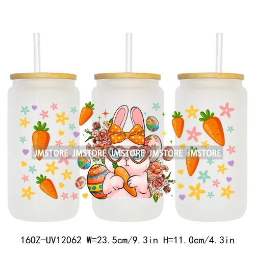 Hip Hop Easter Bunny Carrot Eggs Hunting UV DTF Sticker For 16OZ Libbey Glass Cup Can Wrap Transfer Stickers Custom Labels Logo