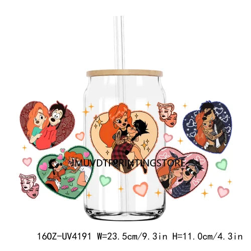 Cartoon Valentines Couple Love 16OZ UV DTF Cup Wrap Transfers Stickers Custom Labels DIY Waterproof Logo For Libbey Glass Can