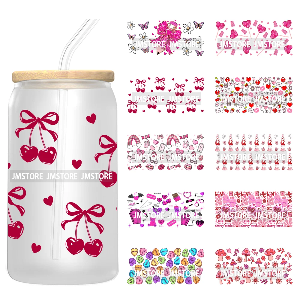 Coquette Bow Pencil 16OZ UV Cup Wrap DTF Transfer Stickers For Libbey Glass Can Cups Tumbler Cherry Heart Love Valentines Day