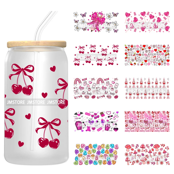 Coquette Bow Pencil 16OZ UV Cup Wrap DTF Transfer Stickers For Libbey Glass Can Cups Tumbler Cherry Heart Love Valentines Day