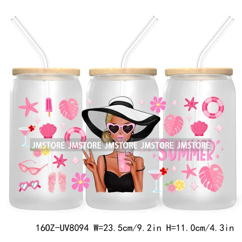 Hot Girl Summer Lady UV DTF Sticker For 16OZ Libbey Glass Cup Can Wrap Transfer Stickers Custom Labels DIY Logo Woman With Hat