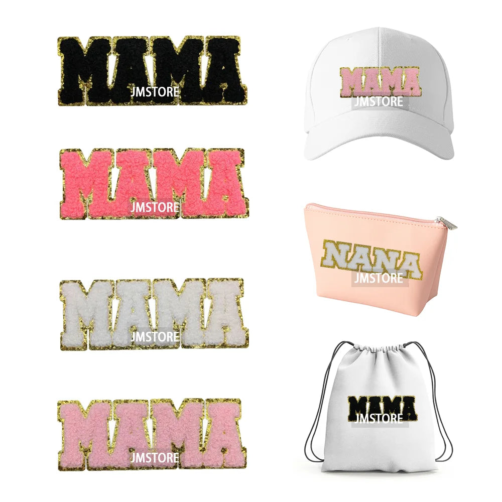 Custom Mama Nana Gigi Mimi Family Name Letters Iron on Chenille Patches Ready to Press for Hoodies Bags