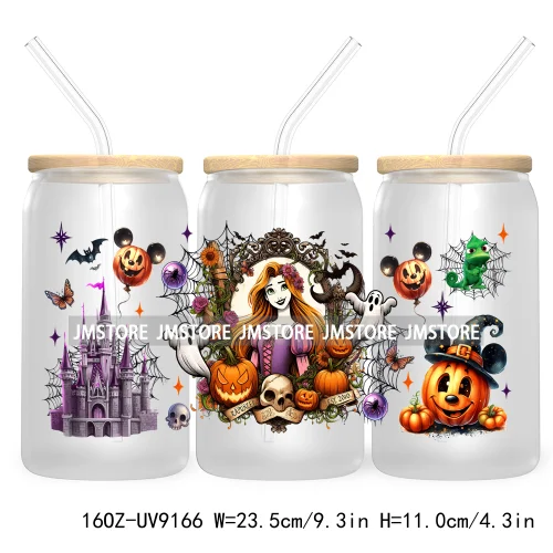 New Trendy Cartoon Princess Halloween 16OZ UV Cup Wrap DTF Transfer Stickers For Libbey Glass Can Cups Tumbler Waterproof Labels