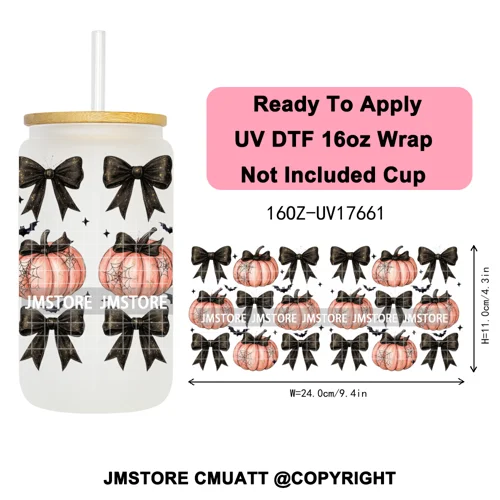 Halloween Fall Autumn Pumpkins Coquette Leopard Bow UV DTF Cup Wrap 16OZ Ready To Apply Transfer Stickers For Libbey Glass Can
