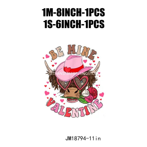 Hot Sale Western Highland Cow Pink Be Mine Heifer Valentine Printing DTF I Love Moo XOXO Heat Transfer Stickers For Hoodies