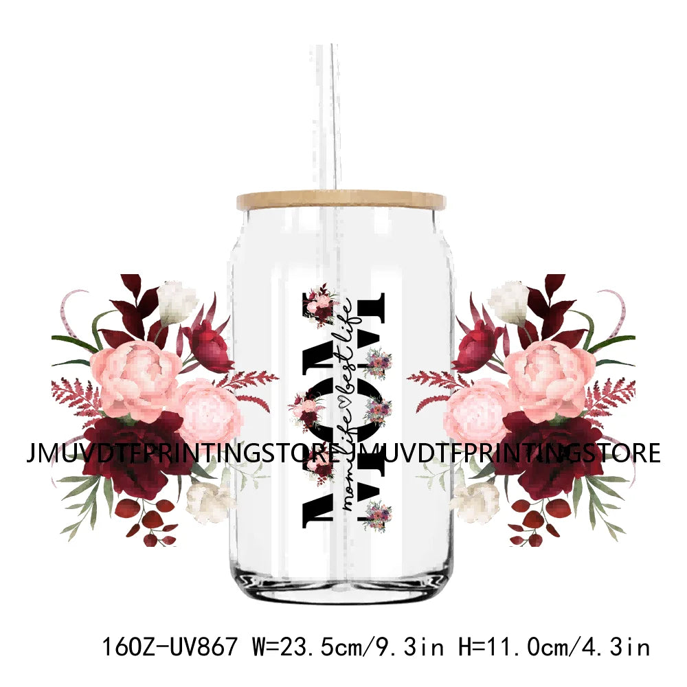 Best Mama With Flowers Mother's Day UV DTF Sticker For 16OZ Libbey Glass Cup Can Mom Wrap Transfer Sticker Custom Label DIY Logo