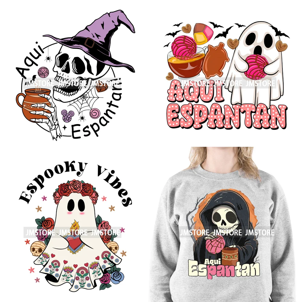 Ghost Espooky Vibes Conchas Llorrona Before Coffee Cafecito Aqui Espantan Halloween Iron On DTF Transfer Stickers For Clothing