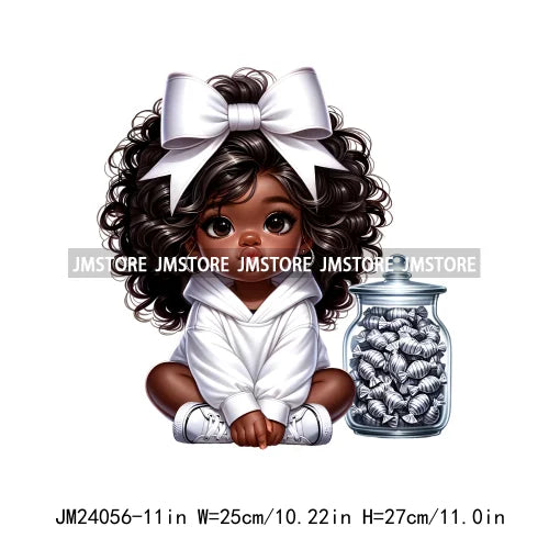 Cute God First Chibi Black Baby Girl Afro Magic Kids Coffee Woman Iron On DTF Transfer Stickers Ready To Press For Clothes Bags