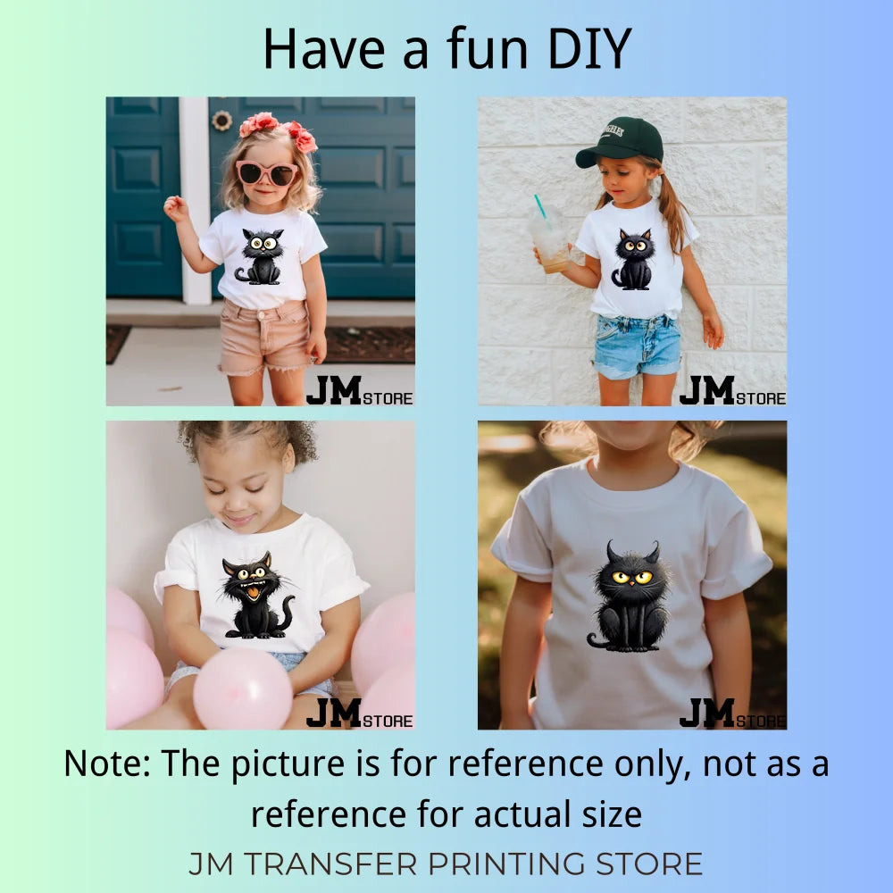 15cm 5.9in Kid Halloween Black Cat Iron On Heat Transfer Sticker For Clothes DTF Printed Vinyl Thermal Appliques Washable Decal