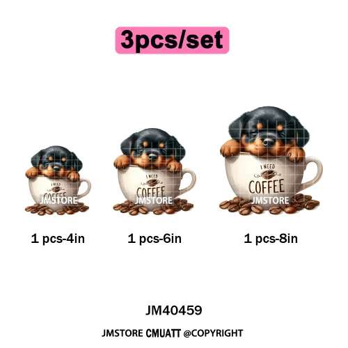 Funny Cartoon Pet Puppy Small Sleeping Cozy Coffee Dogs Lover Iron on DTF Washable Transfers Sticker Ready to Press for Clothing