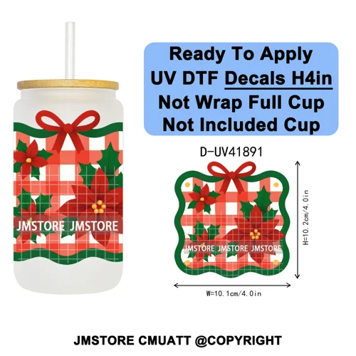 Preppy Christmas Stamps Xmas Card UV DTF Transfer Stickers Decals Ready To Apply Waterproof For 16OZ Libbey Glass Can Tumbler