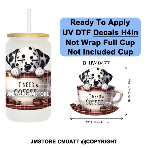 Puppy Coffee Dog Cartoon Pet Lover UV DTF Decals Ready To Apply Waterproof Transfer Stickers For 16OZ Libbey Glass Can Tumbler