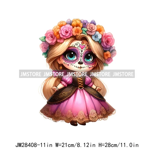 Washable Day Of The Dead La Catrina Dolls Designs Cartoon Princess Hispanic Girly Iron On DTF Transfers Stickers For Hoodies