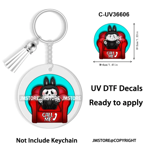 Coquette Bow Cartoon Monsters Doll In Costume Decal Round Keychain Ready To Apply UV DTF Transfer Stickers For Circle Keychain