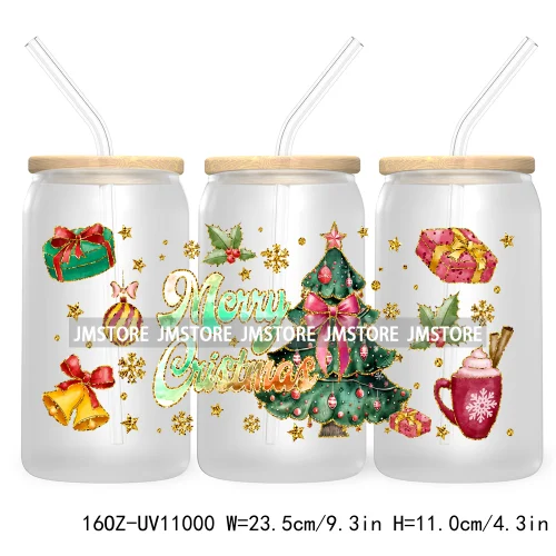 Coquette Glitter Holly Jolly Christmas Tree UV DTF Cup Wrap For Libbey Glass Can Transfer Stickers Waterproof Custom Labels Gift