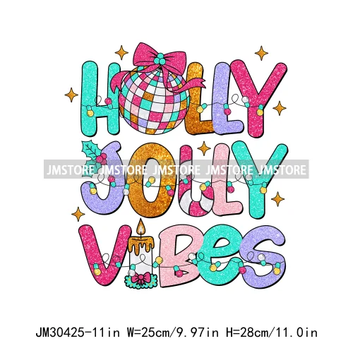 Colorful Holly Jolly Vibes Faux Glitter Christmas Santa Sleigh All Day Iron On DTF Transfers Stickers Ready To Press For Clothes
