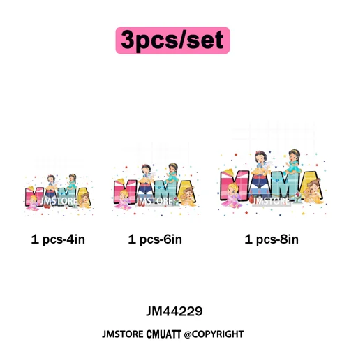 Cartoon Mama Princess Happy Mother's Day Family Vacation Iron on Washable DTF Heat Transfers Stickers Ready to Press for Hoodies