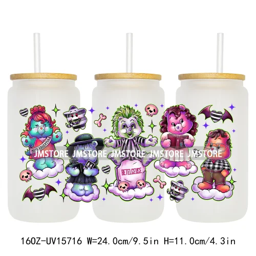 Funny Horror Halloween Characters UV DTF Wraps Transfer Sticker Selfadhesive Waterproof High Quality For 16OZ Libbey Glass Can