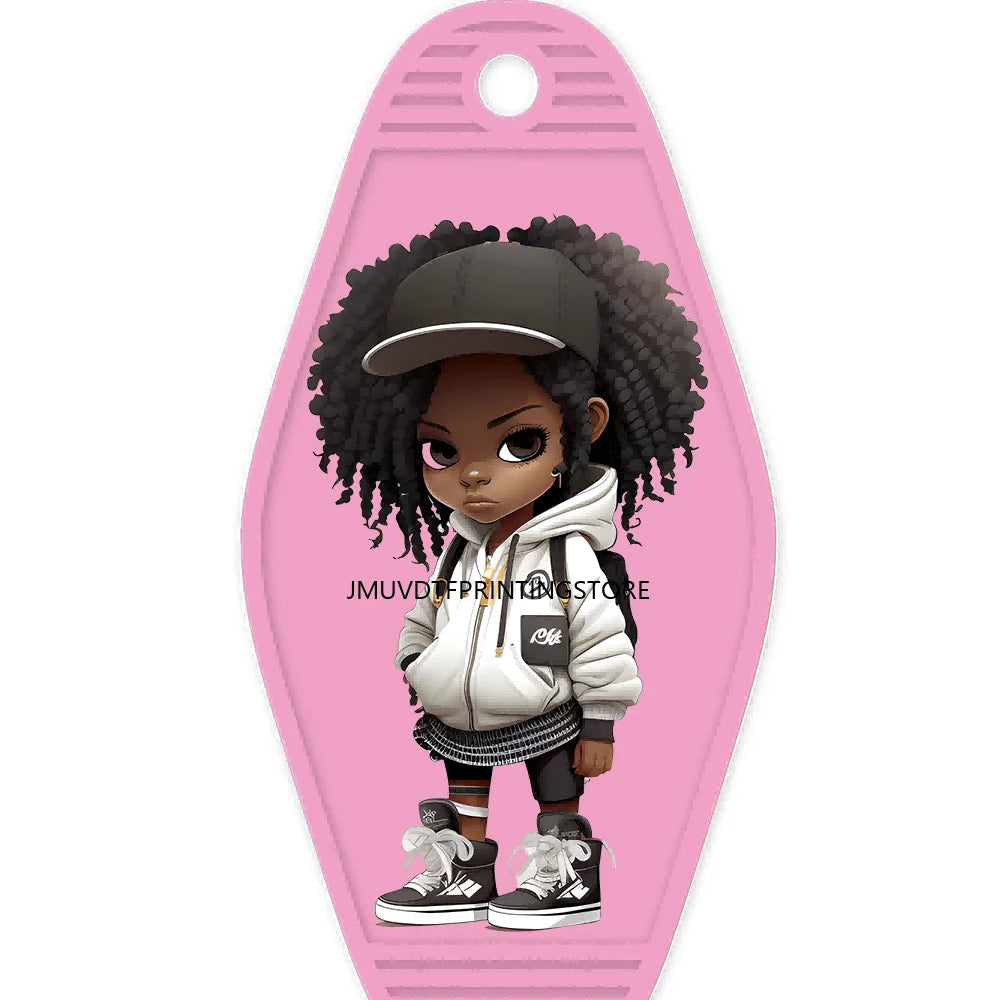 Cool Dreadlock Afro Girl High Quality WaterProof UV DTF Sticker For Motel Hotel Keychain Black Hip Hop Kids