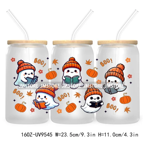 Cute Ghoul Halloween 16OZ UV Cup Wrap DTF Transfer Stickers For Libbey Glass Can Cups Tumbler Waterproof Labels Ghost Reading